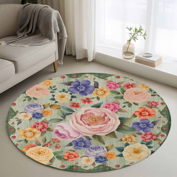 Area Rug 36in, Colorful Floral Pastoral Botanical Floor Carpet Living Room Rug, Green Wooden Palnk Non-Slip Welcome Mat Indoor Rugs for Bedroom Dining Room