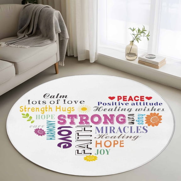 Area Rug 36in, Colorful Inspirational Quotes with Love Heart Floor Carpet Living Room Rug, White Non-Slip Welcome Mat Indoor Rugs for Bedroom Dining Room