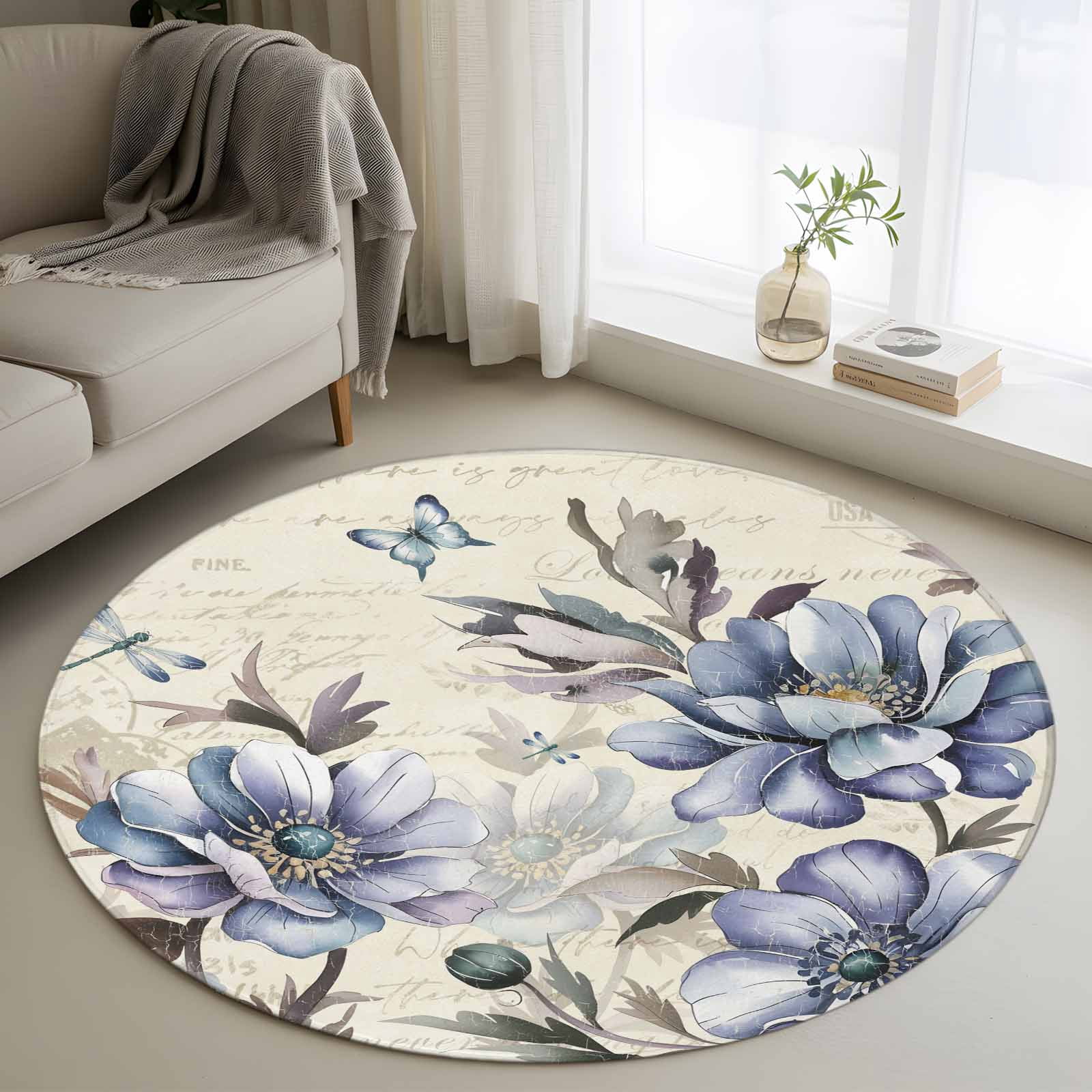 Area Rug 36in, Country Blue Flower Farm Floral Plant Floor Carpet ...