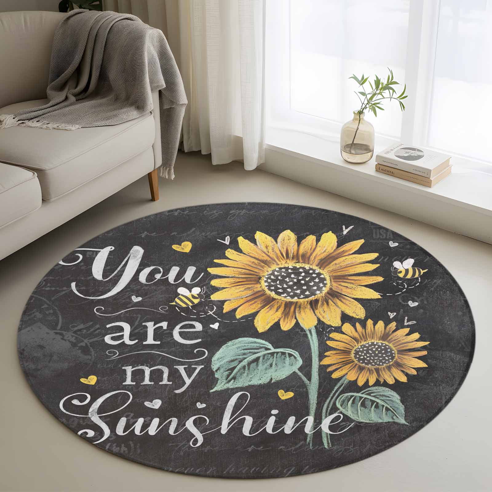 Area Rug 36in, Country Sunflower Plant Sunshine Quote Floor Carpet ...