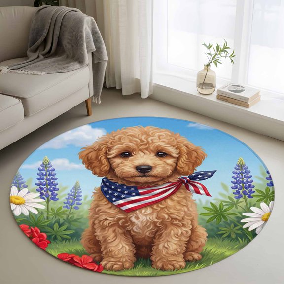 Area Rug 36in, Cute Dog USA Flag Scarf Floor Carpet Living Room Rug, Farm Red White Purple Flowers Non-Slip Welcome Mat Indoor Rugs for Bedroom Dining Room