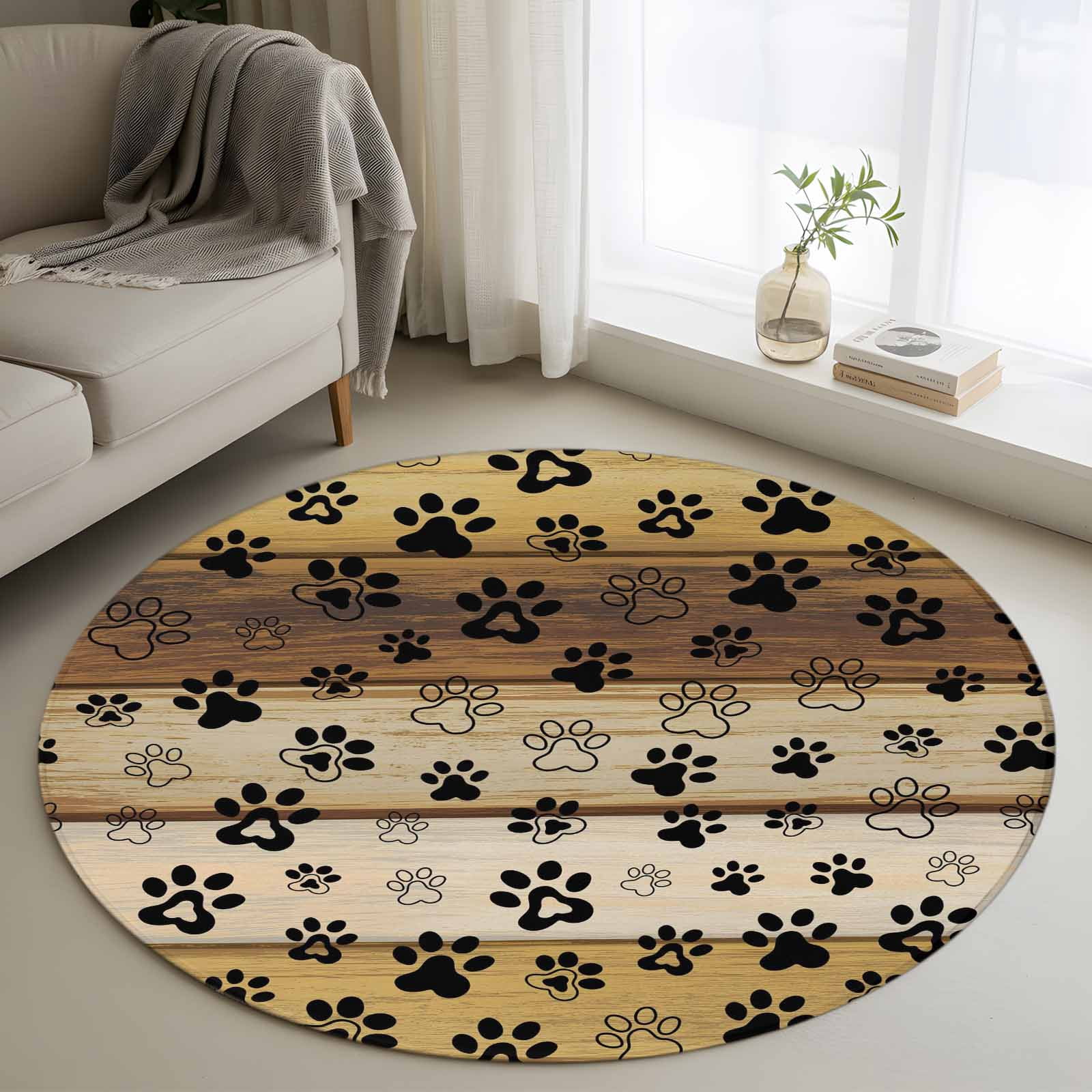 Area Rug 36in, Dog Paw Prints Seamless Brown Wooden Floor Carpet Living ...