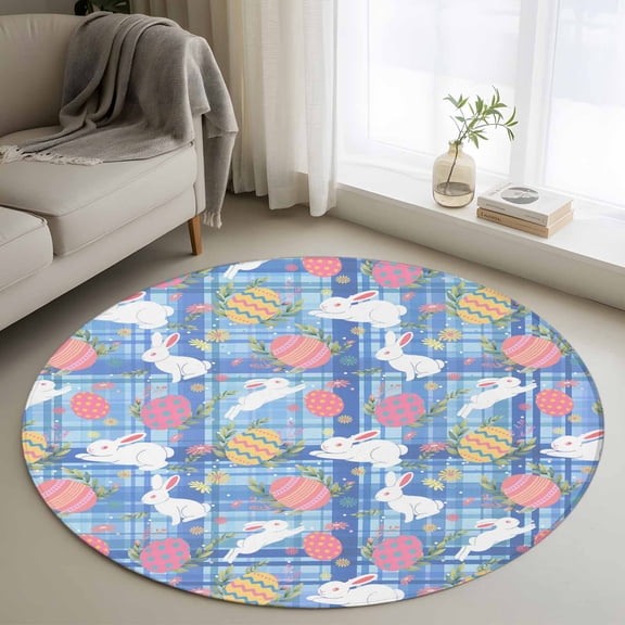 Area Rug 36in, Easter Egg Bunny Country Herb Floor Carpet Living Room Rug, Farm Rabbit Gingham Check Non-Slip Welcome Mat Indoor Rugs for Bedroom Dining Room