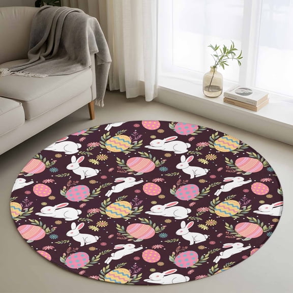 Area Rug 36in, Easter Egg Bunny Country Herb Floor Carpet Living Room Rug, Farmhouse Rabbit on Black Non-Slip Welcome Mat Indoor Rugs for Bedroom Dining Room