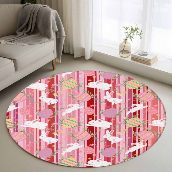 Area Rug 36in, Easter Egg Bunny Country Herb Floor Carpet Living Room Rug, White Rabbit Red Stripes Non-Slip Welcome Mat Indoor Rugs for Bedroom Dining Room