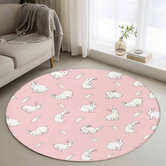 Area Rug 36in, Easter Farm Rabbit Bunny Carrot Floor Carpet Living Room Rug, Sketch Pink and White Non-Slip Welcome Mat Indoor Rugs for Bedroom Dining Room