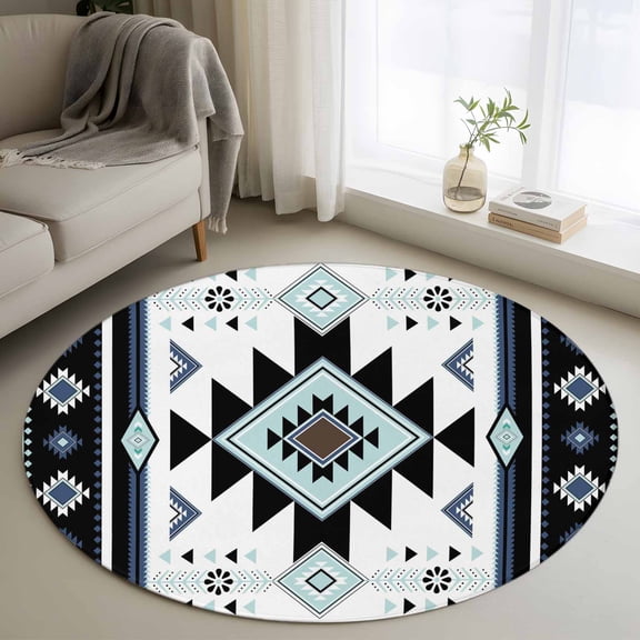 Area Rug 36in, Ethnic Tribal Aztec Geometric Pattern Floor Carpet Living Room Rug, Blue Black White Non-Slip Welcome Mat Indoor Rugs for Bedroom Dining Room