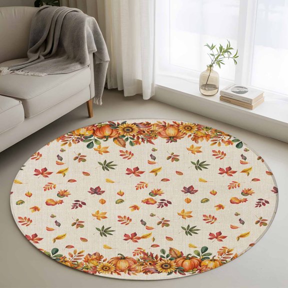 Area Rug 36in, Fall Orange Maple Leaf Sunflower Floor Carpet Living Room Rug, Thanksgiving Pumpkin Retro Linen Non-Slip Welcome Mat Indoor Rugs for Bedroom Dining Room
