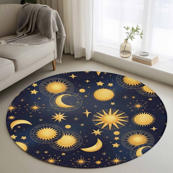 Area Rug 36in, Fantasy Galaxy Moon Sun Floor Carpet Living Room Rug, Cartoon Starry Night Non-Slip Welcome Mat Indoor Rugs for Bedroom Dining Room