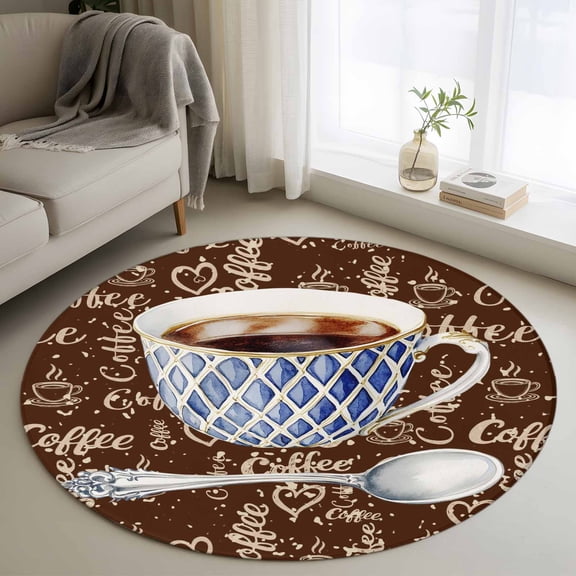 Area Rug 36in, Farm Cafe Coffee Vintage Brown Floor Carpet Living Room Rug, Graffiti Style Non-Slip Welcome Mat Indoor Rugs for Bedroom Dining Room