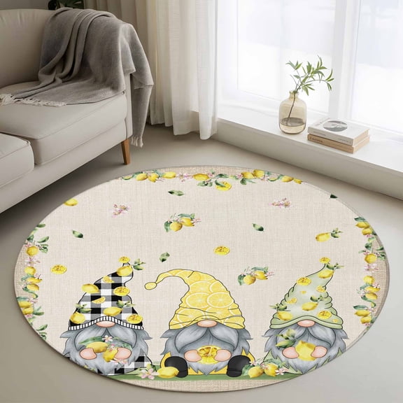 Area Rug 36in, Farm Pastoral Dwarf Lemon Floor Carpet Living Room Rug, Watercolor Fruit Plant on Burlap Non-Slip Welcome Mat Indoor Rugs for Bedroom Dining Room