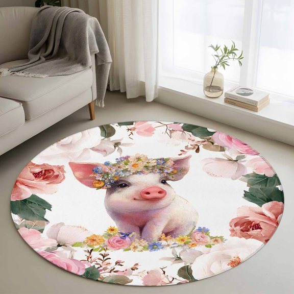 Area Rug 36in, Farm Pigs White Pink Flowers Floor Carpet Living Room Rug, Country Floral Art Non-Slip Welcome Mat Indoor Rugs for Bedroom Dining Room