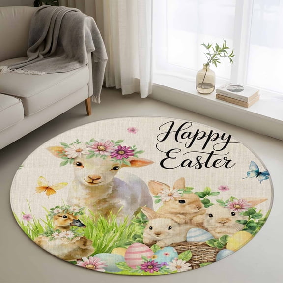 Area Rug 36in, Farm Rabbit Easter Egg Retro Linen Floor Carpet Living Room Rug, Ombre Daisy Herb Sheep Non-Slip Welcome Mat Indoor Rugs for Bedroom Dining Room