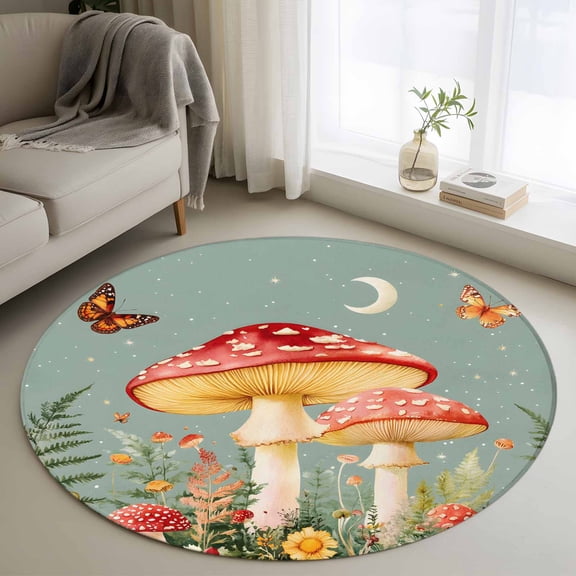 Area Rug 36in, FarmMushroom Spring Butterfly Flower Floor Carpet Living Room Rug, Stars Moon Natural Scenery Non-Slip Welcome Mat Indoor Rugs for Bedroom Dining Room