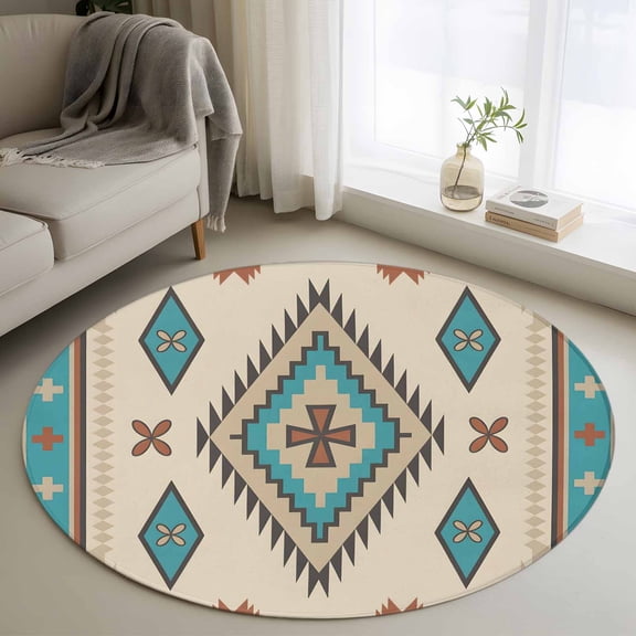 Area Rug 36in, Farmhouse Aztec Southwest Floor Carpet Living Room Rug, Brown Ethnic Geometric Non-Slip Welcome Mat Indoor Rugs for Bedroom Dining Room