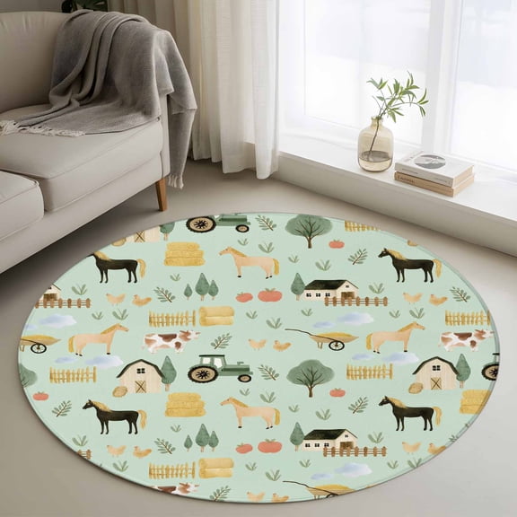 Area Rug 36in, Farmhouse Barn Cartoon Animal Floor Carpet Living Room Rug, Spring Leaves Green Non-Slip Welcome Mat Indoor Rugs for Bedroom Dining Room