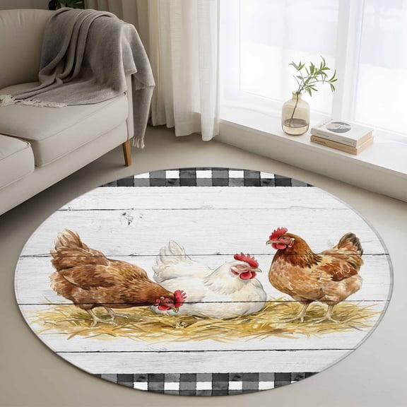 Area Rug 36in, Farmhouse Cow Wood Plank Floor Carpet Living Room Rug, Farm Animal Buffalo Check Non-Slip Welcome Mat Indoor Rugs for Bedroom Dining Room