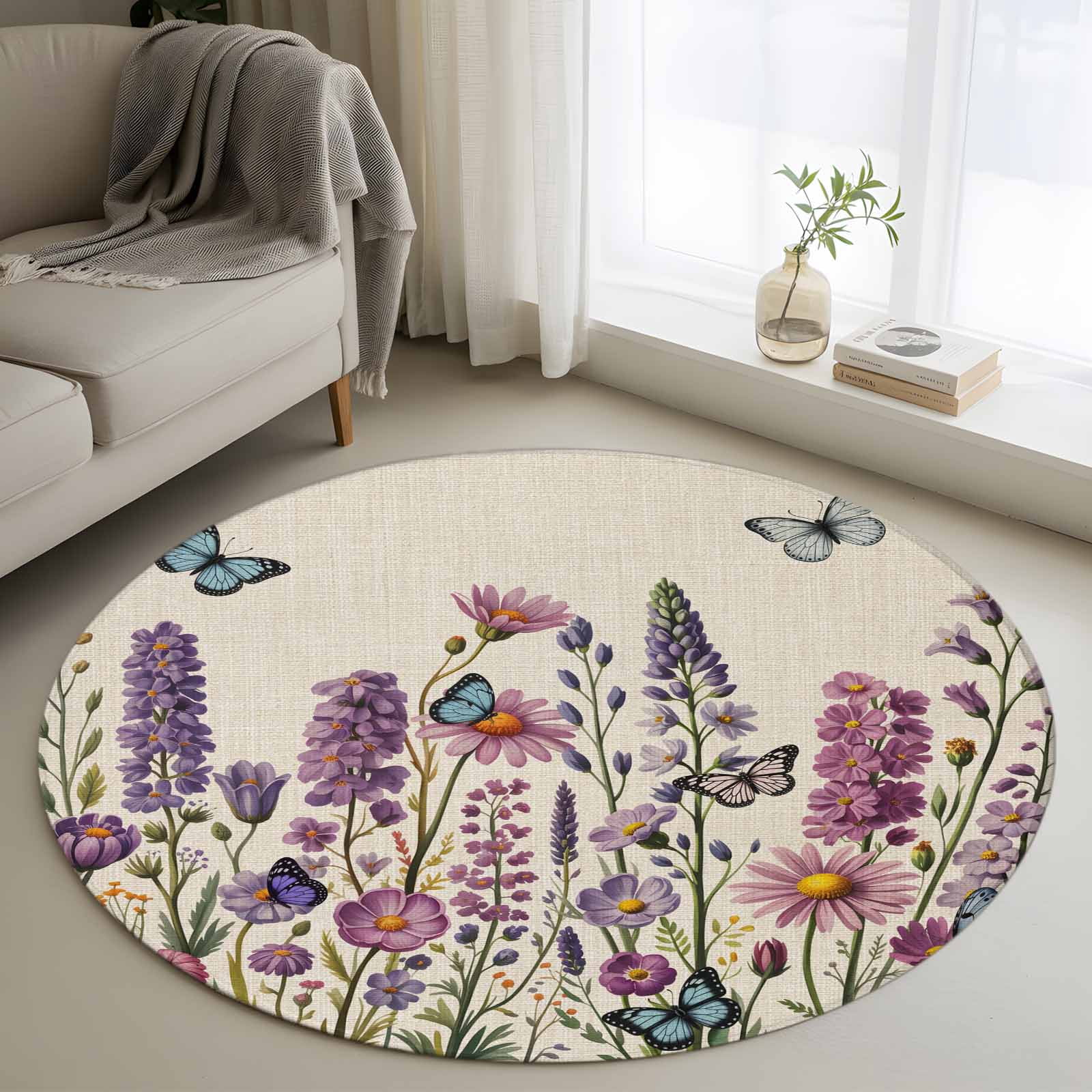 Area Rug 36in, Farmhouse Daisy Lavender Plants Floor Carpet Living Room ...