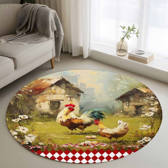 Area Rug 36in, Farmhouse Hens Rooster Floral Floor Carpet Living Room Rug, Vintage Animal Red Lattice Non-Slip Welcome Mat Indoor Rugs for Bedroom Dining Room