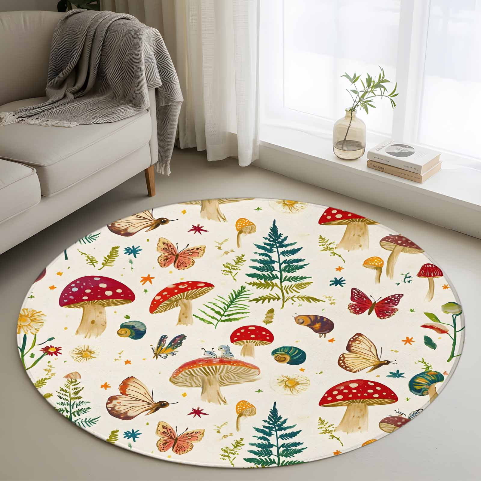 Area Rug 36in, Farmhouse Mushroom Butterfly Leaf Floor Carpet Living ...