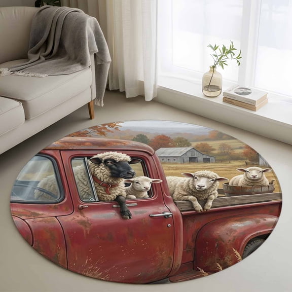 Area Rug 36in, Farmhouse Sheep Barn Truck Floor Carpet Living Room Rug, Pastoral Tree Wildflower Non-Slip Welcome Mat Indoor Rugs for Bedroom Dining Room