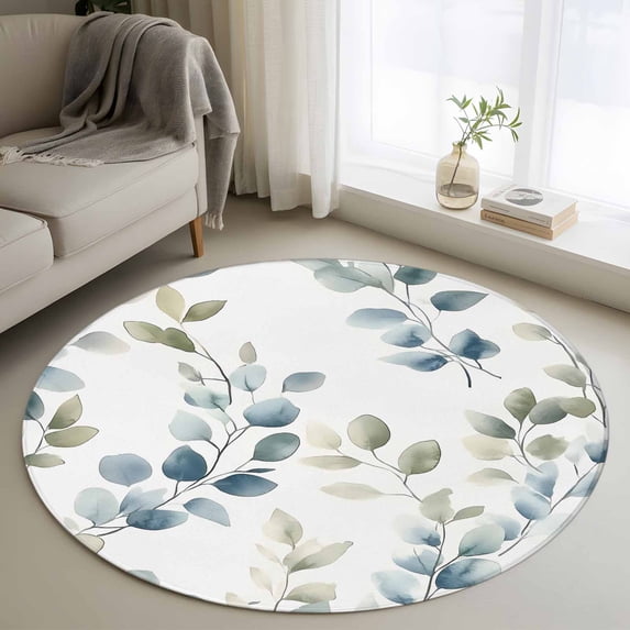 Area Rug 36in, Farmhouse Watercolor Eucalyptus Leaves Floor Carpet Living Room Rug, Blue Green Plants Non-Slip Welcome Mat Indoor Rugs for Bedroom Dining Room