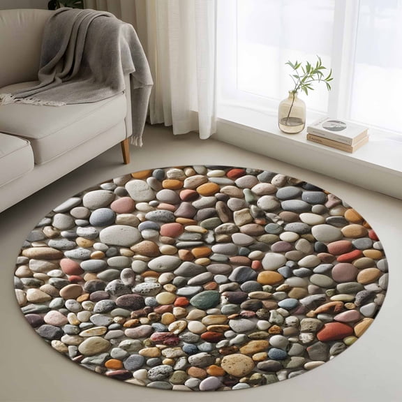 Area Rug 36in, Farmhouses Stones Floor Carpet Living Room Rug, Abstract Cobblestones Pattern Non-Slip Welcome Mat Indoor Rugs for Bedroom Dining Room