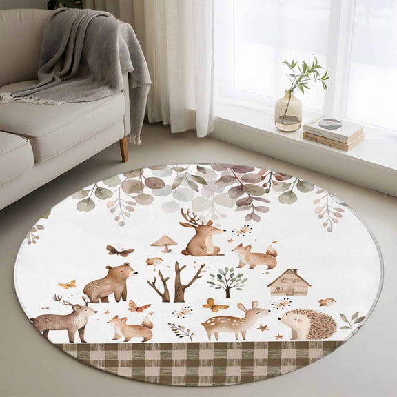 Area Rug 36in, Forest Deer Bear Hedgehog Floor Carpet Living Room Rug, Cartoon Animal Brown Leaf Check Non-Slip Welcome Mat Indoor Rugs for Bedroom Dining Room