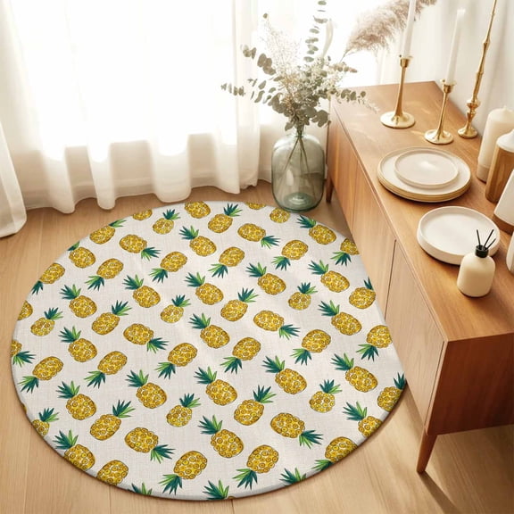 Area Rug 36in, Fruit Pineapple Pattern Floor Carpet Living Room Rug, Retro Linen Background Non-Slip Welcome Mat Indoor Rugs for Bedroom Dining Room