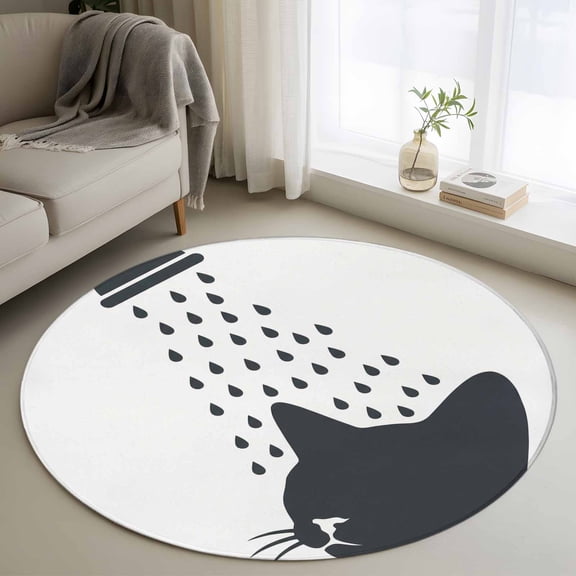 Area Rug 36in, Funny Cat Floor Carpet Living Room Rug, Cartoon Grey White Animal Shadow Non-Slip Welcome Mat Indoor Rugs for Bedroom Dining Room