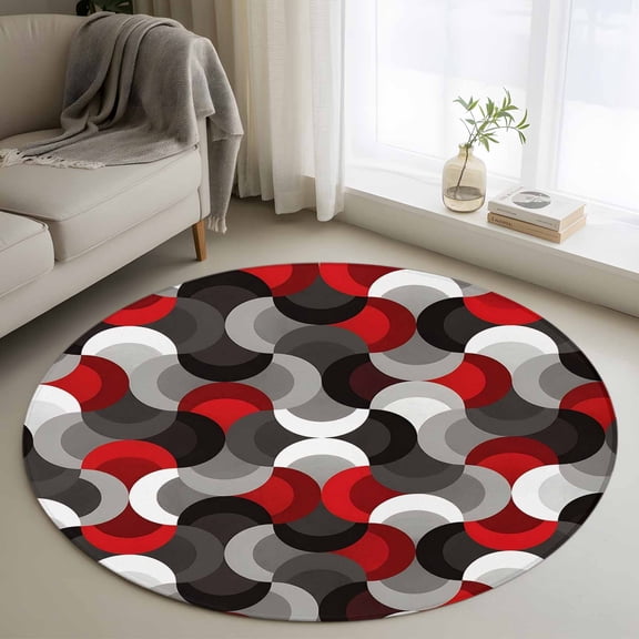 Area Rug 36in, Geometric Red Black Gray Stripes Floor Carpet Living Room Rug, Mid Century Abstract Art Non-Slip Welcome Mat Indoor Rugs for Bedroom Dining Room