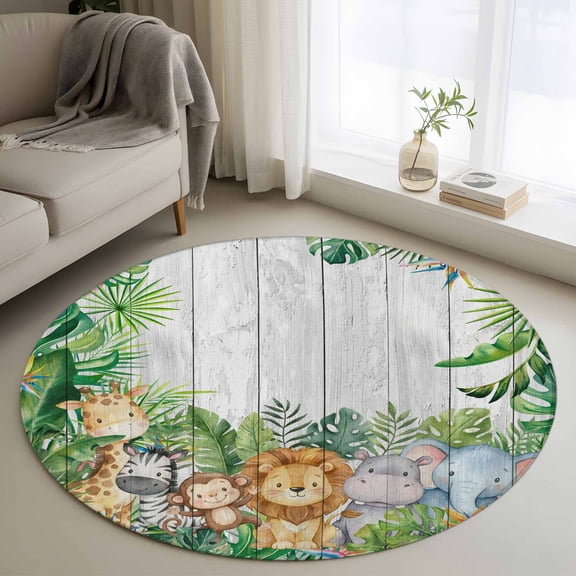 Area Rug 36in, Giraffe Zebra Monkey Lion Floor Carpet Living Room Rug, Animal Theme Tropical Plant Non-Slip Welcome Mat Indoor Rugs for Bedroom Dining Room