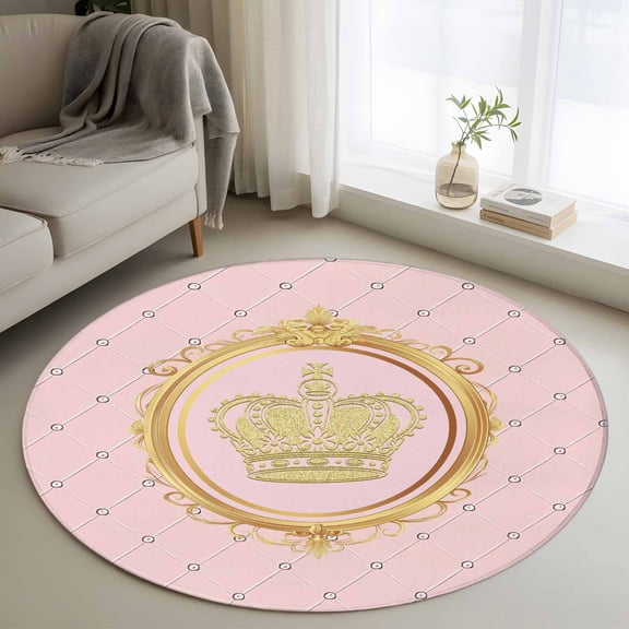 Area Rug 36in, Golden Crown Queen Pink Lattice Floor Carpet Living Room Rug, White Dot Non-Slip Welcome Mat Indoor Rugs for Bedroom Dining Room
