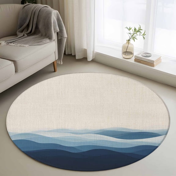 Area Rug 36in, Gradient Blue Water Ripple on Linen Floor Carpet Living Room Rug, Retro Ocean Wave Non-Slip Welcome Mat Indoor Rugs for Bedroom Dining Room