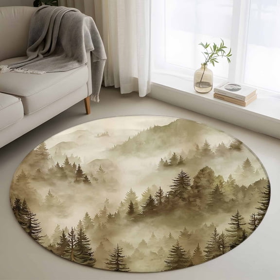 Area Rug 36in, Gradient Forest Watercolor Art Floor Carpet Living Room Rug, Vintage Tree Fog Non-Slip Welcome Mat Indoor Rugs for Bedroom Dining Room