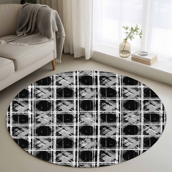 Area Rug 36in, Gray Black Plaid Vintage Floor Carpet Living Room Rug, Country Checker Seamless Non-Slip Welcome Mat Indoor Rugs for Bedroom Dining Room
