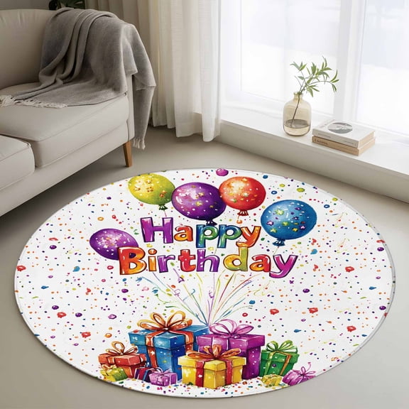 Area Rug 36in, Happy Birthday Colorful Present Floor Carpet Living Room Rug, Watercolor Balloon Party Non-Slip Welcome Mat Indoor Rugs for Bedroom Dining Room