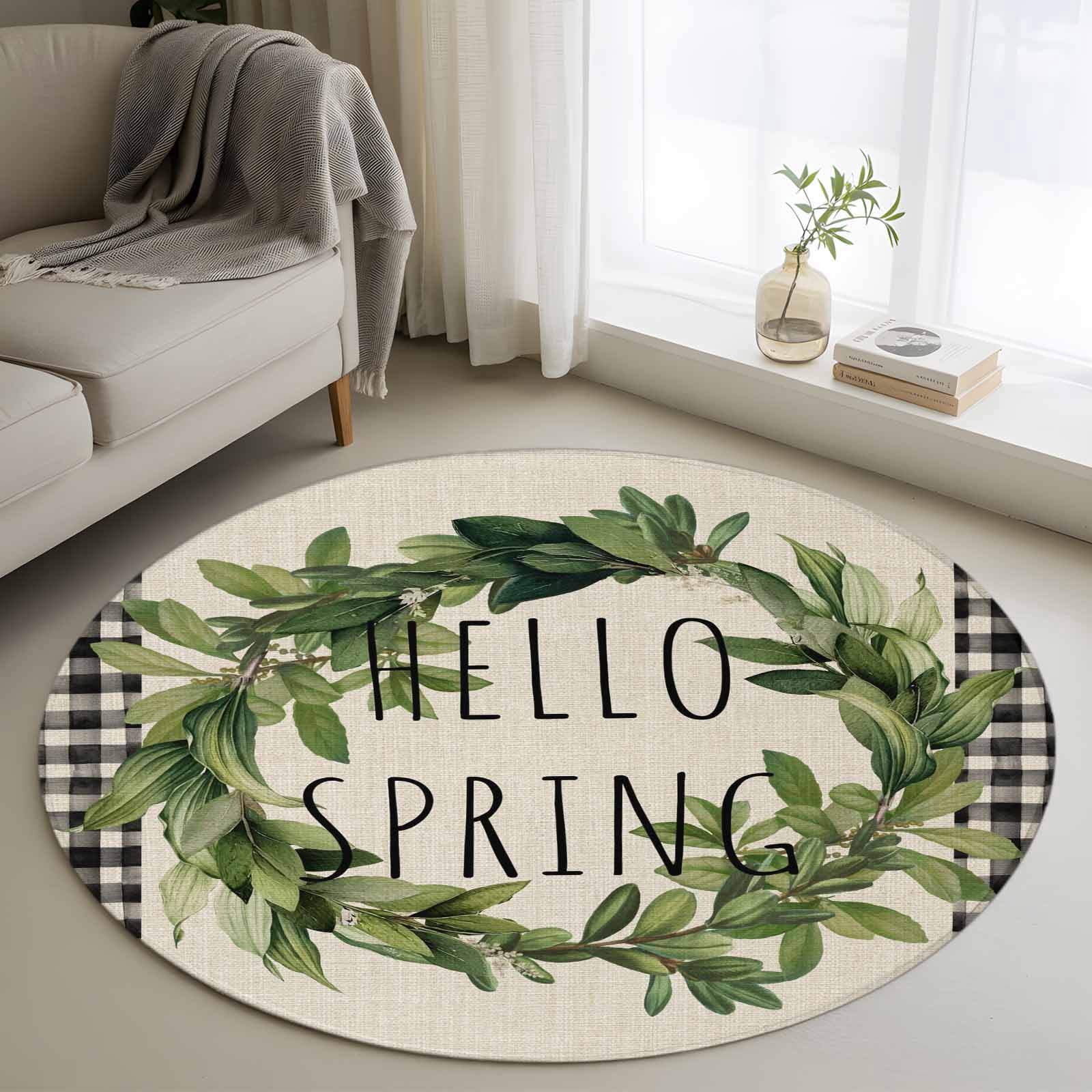 Burlp Rug Area Rug 36in, Hello Spring Leaves Wreath Floor Carpet Living Room Rug ...