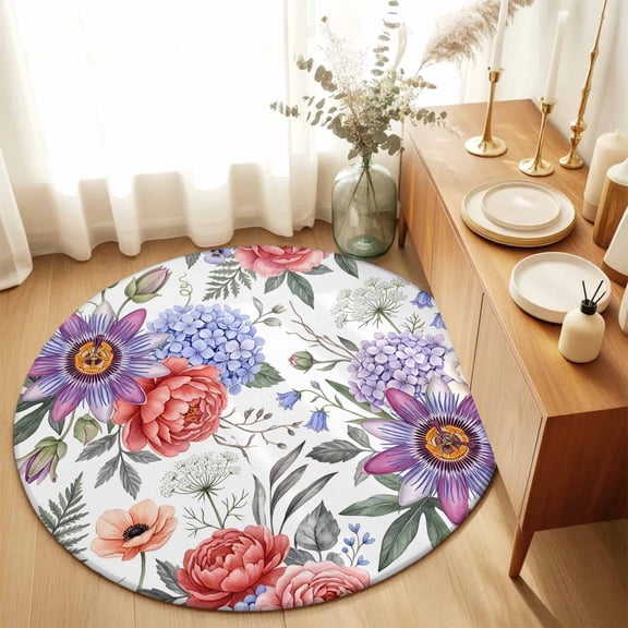Area Rug 36in, Hydrangea Floral Leaves Watercolor Flower Floor Carpet Living Room Rug, Bohemian Style Non-Slip Welcome Mat Indoor Rugs for Bedroom Dining Room