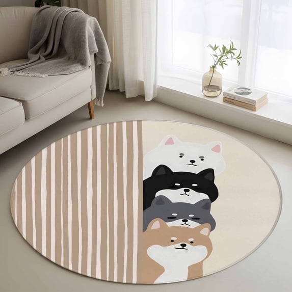 Area Rug 36in, Japanese Cute Aquatian Dogs Floor Carpet Living Room Rug, Brown Striped Non-Slip Welcome Mat Indoor Rugs for Bedroom Dining Room
