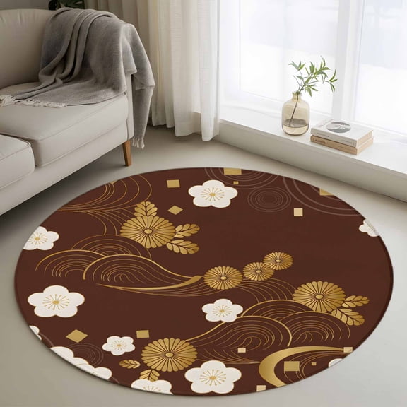 Area Rug 36in, Japanese Harmony Cherry on Brown Floor Carpet Living Room Rug, Farm Floral Art Non-Slip Welcome Mat Indoor Rugs for Bedroom Dining Room