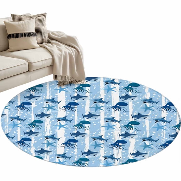 Area Rug 36in, Marine Life Sharks Sea Stars Octopus Floor Carpet Living Room Rug, Blue White Stripes Non-Slip Welcome Mat Indoor Rugs for Bedroom Dining Room