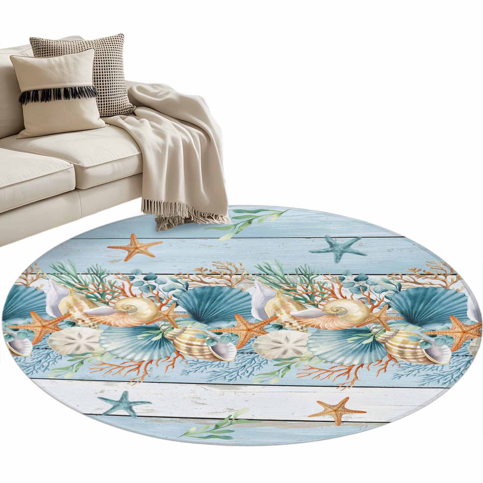 Area Rug 36in, Marine Life Starfish Coral Shell Floor Carpet Living ...
