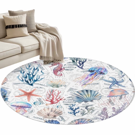 Area Rug 36in, Marine Shell Jellyfish Coral Starfish Floor Carpet Living Room Rug, Ocean Life on Postmark Non-Slip Welcome Mat Indoor Rugs for Bedroom Dining Room