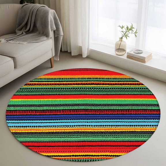 Area Rug 36in, Mexico Art Tribal Colorful Stripes Floor Carpet Living Room Rug, Abstract Ethnic Line Texture Non-Slip Welcome Mat Indoor Rugs for Bedroom Dining Room