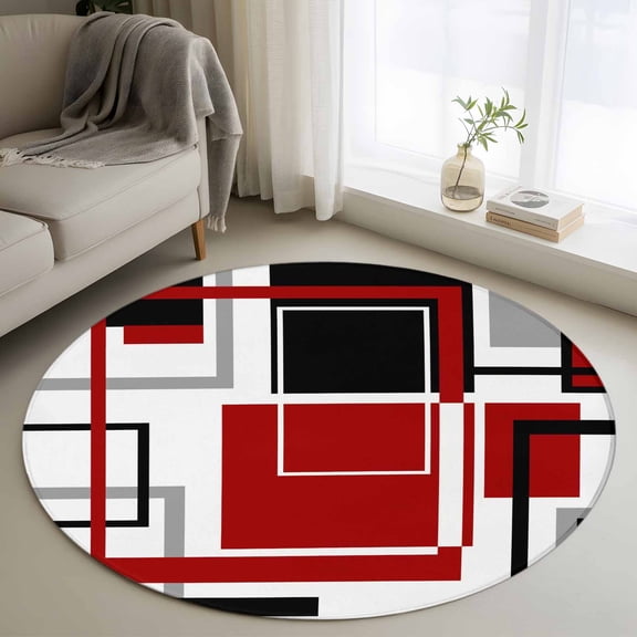 Area Rug 36in, Modern Burgundy Red Black White Art Floor Carpet Living Room Rug, Abstract Geometric Non-Slip Welcome Mat Indoor Rugs for Bedroom Dining Room