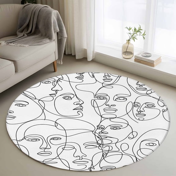 Area Rug 36in, Modern Character Face Abstract Line Arts Floor Carpet Living Room Rug, White Non-Slip Welcome Mat Indoor Rugs for Bedroom Dining Room