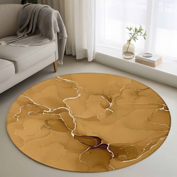 Area Rug 36in, Modern Marble Texture Dark Yellow Floor Carpet Living Room Rug, Abstract Fluid Stripe Art Non-Slip Welcome Mat Indoor Rugs for Bedroom Dining Room