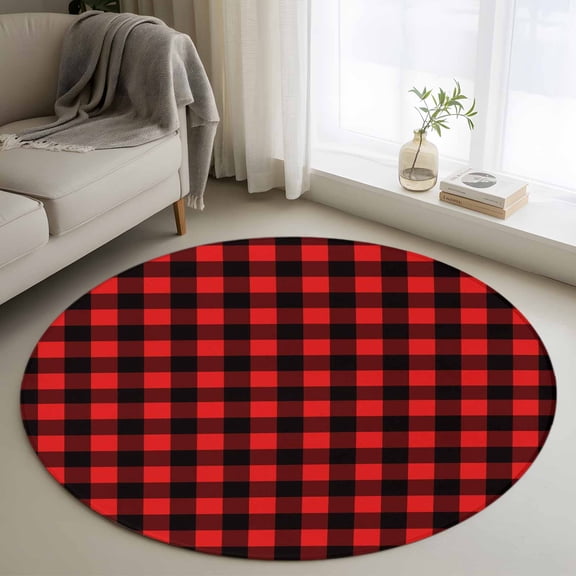 Area Rug 36in, Modern Minimalist Checkered Floor Carpet Living Room Rug, Abstract Red Black Buffalo Plaid Non-Slip Welcome Mat Indoor Rugs for Bedroom Dining Room