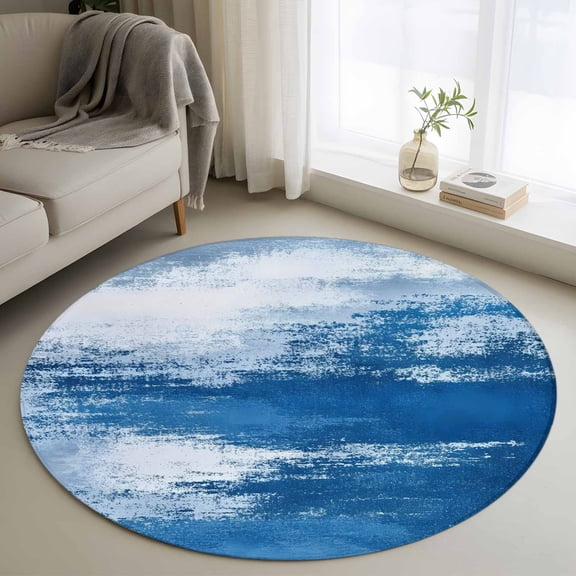 Area Rug 36in, Modern Omber Blue Art Oil Panting Floor Carpet Living Room Rug, Summer Cerulean Sky Non-Slip Welcome Mat Indoor Rugs for Bedroom Dining Room